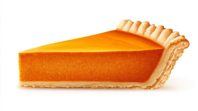 Whole pumpkin pie, cut slice removed revealing creamy filling, textured pie crust, realistic vector illustration, plain white background, warm lighting, detailed pie slice.
