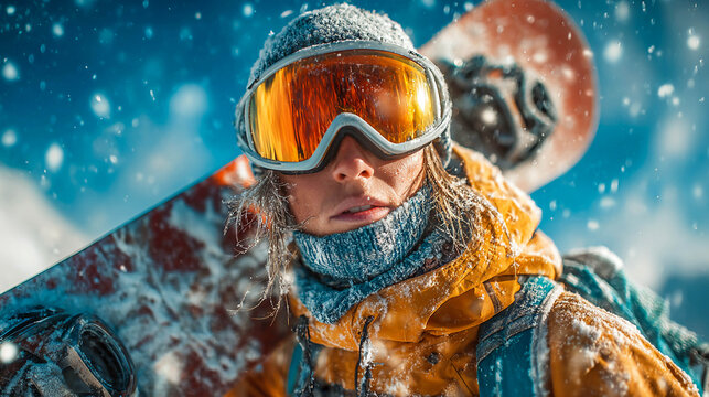 Close-up of a snowboarder wearing goggles and carrying a board on his shoulder in the mountains. Extreme, freedom, and adrenaline in winter mountain sports.