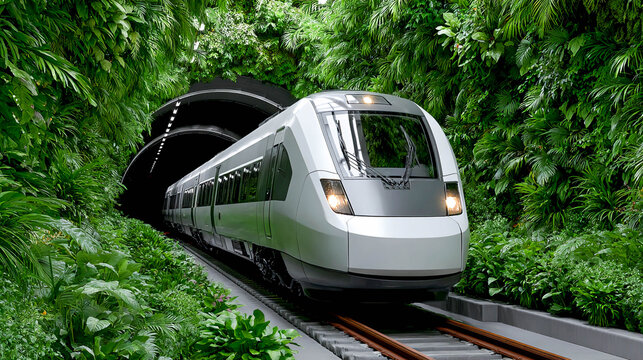 A modern white electric train emerges from a tunnel on tracks that run through a dense green corridor of tropical plants and foliage.