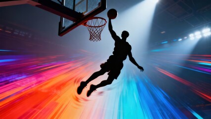 A powerful basketball player captured mid-air executing a spectacular slam dunk against a backdrop of vibrant and energetic light trails in a stadium
