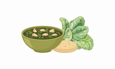 Delicious Indian Saag Panner Curry bowl Dish With Roti on White Background Illustration Vector 300 DPI. Fresh spinach curry bowl illustration with herbs and crackers - perfect for menus, recipe ...