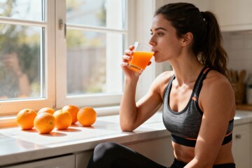 Weight loss fitness nutrition diet. Woman enjoying orange juice by the window with fresh oranges nearby.