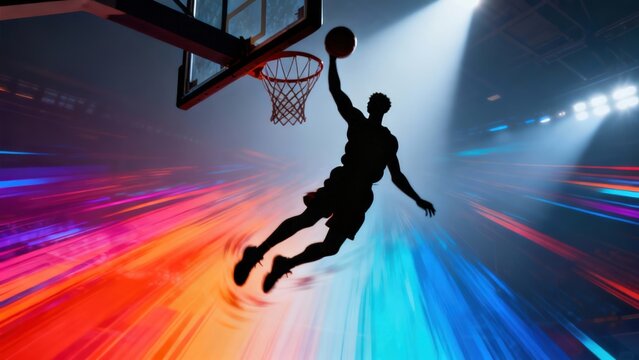 A powerful basketball player captured mid-air executing a spectacular slam dunk against a backdrop of vibrant and energetic light trails in a stadium
