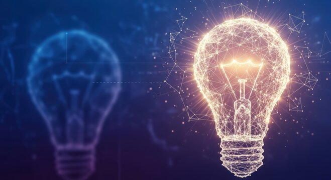 shining electronic diagram illustrating light bulb over subdued scenery signifying technological progress