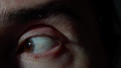 close brown eye caucasian male in macro sequence showing subtle eyelid movements, slow blinks and shifting gaze, clinical indoor lighting highlights skin texture and eyelash detail, slight redness - Powered by Adobe