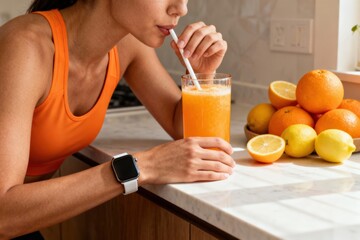 Weight loss fitness nutrition diet. Refreshing citrus drink enjoyed by a woman in an active setting with fresh fruits nearby.