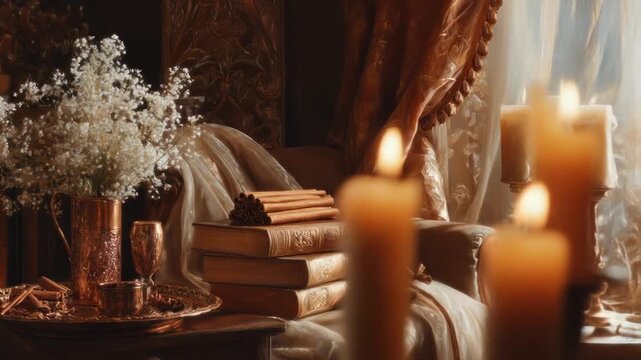 A cozy scene with books, candles, flowers, and cinnamon sticks in warm tones