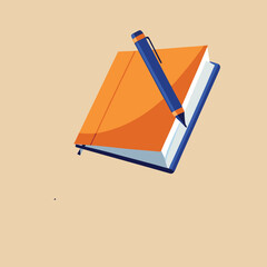 A simple and clean illustration of an orange notebook with a blue pen resting on its cover, against a light brown background