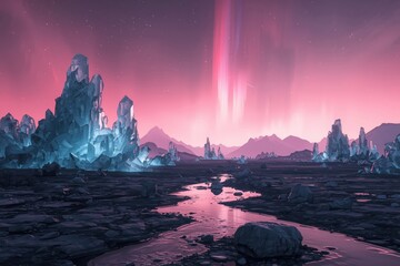 Surreal landscape of a frozen alien world with luminous blue ice spires and a magical pink aurora borealis