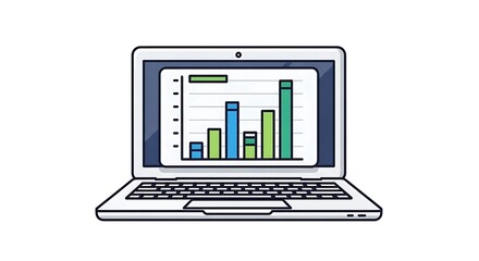Data Analytics Visualized Modern Laptop with Colorful Bar Graph on Isolated White Background.