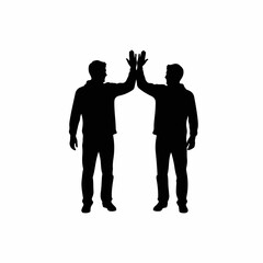 Silhouette of two men giving high five on white backdrop. Silhouette features pair of friends sharing joyous moment, showing camaraderie, achievement, and agreement.