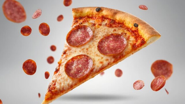 Appetizing triangle slice of salami pizza with melted cheese and floating pepperoni slices on light background for menu, food concept.