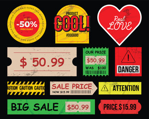Trendy sticker pack with vinyl plastic wrap overlay. Vector sale and price vintage stickers. Torn retro labels and badges.