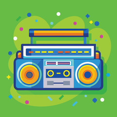 Retro blue boombox with vibrant green background, representing 80s and 90s music culture