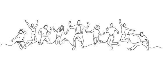 Continuous Line Drawing of Four Joyful People Jumping,Happy people jumping continuous single line art drawing vector illustration © Main