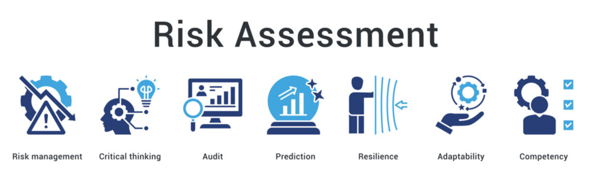 Risk assessment banner web icon applies critical thinking and audit for prediction building resilience and competency.