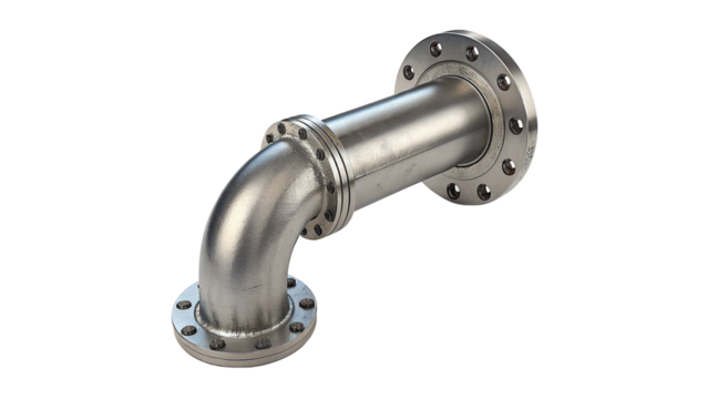 Industrial Metal Pipe with Shiny Surface and Bolted Flanges Isolated on Transparent Background