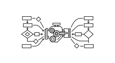 Engine Process Flowchart Black and White Diagram of Mechanical System.