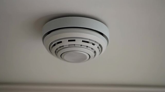 Modern ceiling-mounted white smoke detector or air purifier with blue light accent installed on a white ceiling surface close-up.