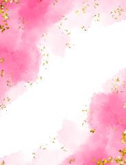 Abstract pink watercolor splashes with gold glitter accents isolated on transparent background