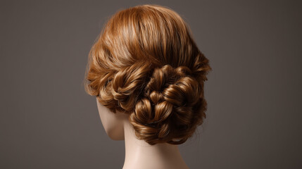 Back view of a woman's auburn hair styled in an elegant updo with intricate curls and waves