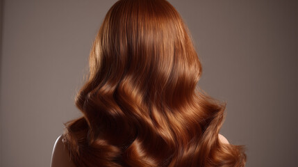 Fototapeta premium A woman with long wavy auburn hair is seen from the back against a neutral colored background