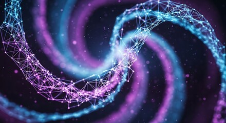 Abstract swirling digital network of glowing particles and light trails in vibrant purple and blue hues