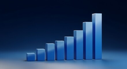 3d blue financial chart with white arrow going up showing positive market trend and growth, on black background
