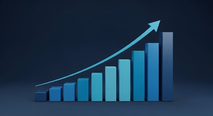 3d blue financial chart with white arrow going up showing positive market trend and growth, on black background