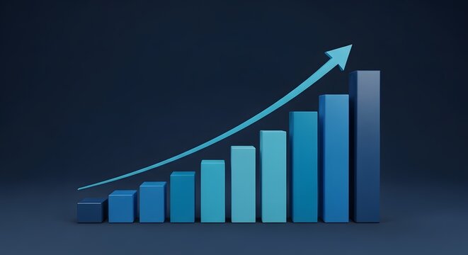 3d blue financial chart with white arrow going up showing positive market trend and growth, on black background