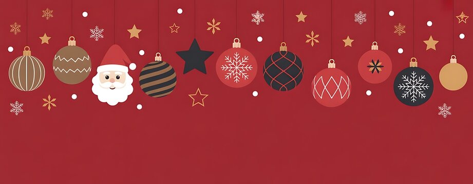 Christmas background with ornaments, santa claus and snowflakes on red surface