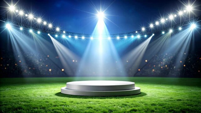 Circular platform on green lawn in illuminated sports arena with bright stage lights
