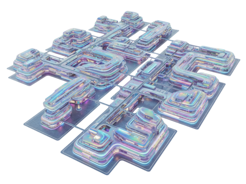 Aerial view of a futuristic city with glowing iridescent buildings on a transparent background