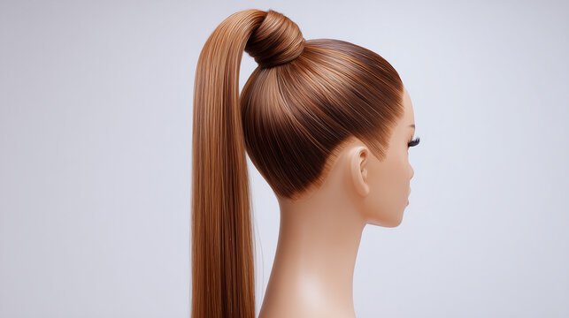 Side profile of a mannequin head with a sleek brown ponytail against a plain white background