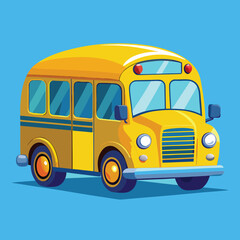 Classic yellow school bus cartoon illustration with bright colors and a friendly design on a solid blue background, ready for school