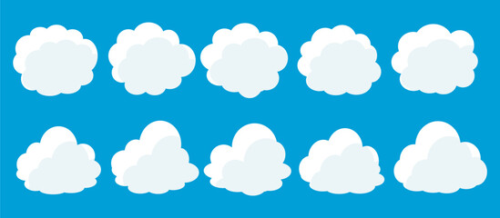 set of vector illustrations of clumpy clouds, cloud bubbles in flat style on a blue background