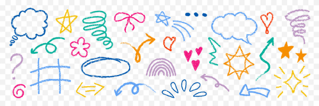 Colorful doodle drawings element set isolated on transparent background. Playful sketch icon collection. Child drawings. Pencil crayon chalk texture. Arrow bow flower star shine balloon heart shapes
