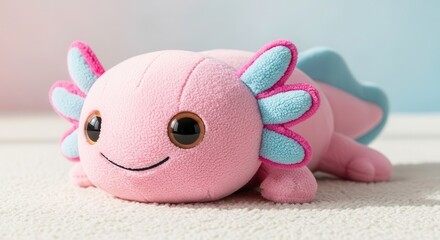 Stuffed aquatic creature toy rests on a textured white surface with soft background lighting