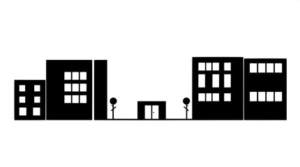 Obraz premium Simple monochrome illustration of a small urban building block, arranged as bold black geometric shapes on a clean white background, featuring a minimalistic infographic aesthetic with crisp lines, ba