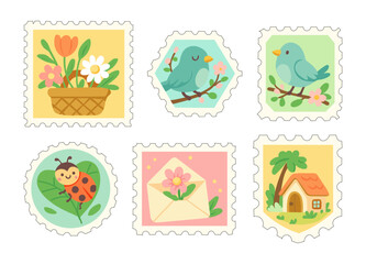 A cute collection of pastel postage-stamp illustrations featuring birds, flowers, a cozy cottage, a ladybug, and a floral letter—perfect for spring designs and stationery projects