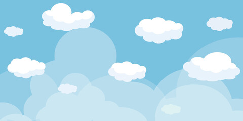 Illustration of a blue sky with white clouds in a flat style. Blue sky background and white clouds. Cartoon sky	