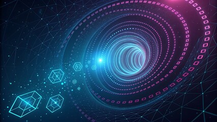 A glowing digital data tunnel swirling through space