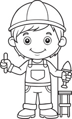 Cartoon boy construction worker tools line art wearing hard hat for simple kids coloring activity