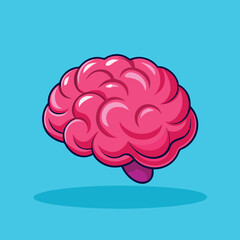 Bright pink human brain cartoon illustration representing thought, intelligence, and mental health on a solid blue background