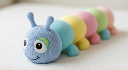 Row of colorful, segmented plush toys rests on a light textured surface