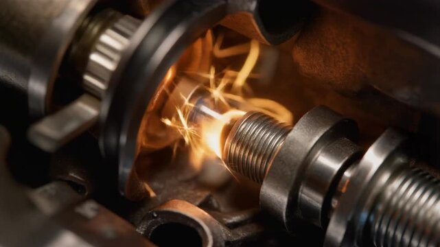 Close-up of metal grinding process with bright sparks flying in industrial setting.
