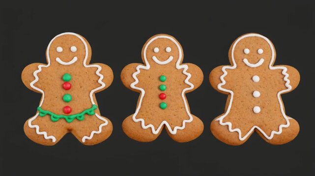 Three festive gingerbread men cookies decorated with white icing and colored candies, arranged against a dark background.
