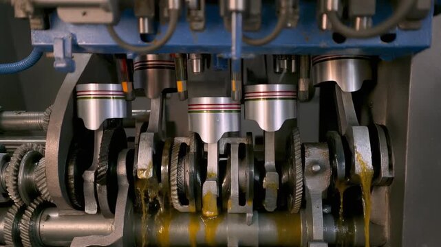 Close-up view of a running internal combustion engine with pistons and crankshaft in motion.