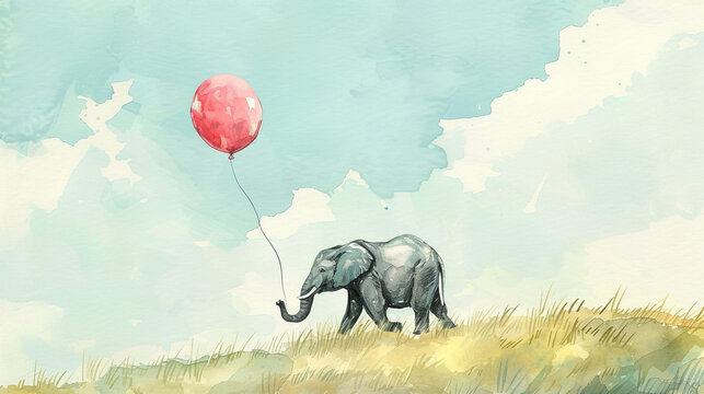 Watercolor painting of a baby elephant walking with a red balloon on a hill - Powered by Adobe