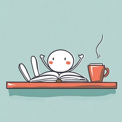 Whimsical character happily reading an open book with a steaming hot cup of coffee nearby